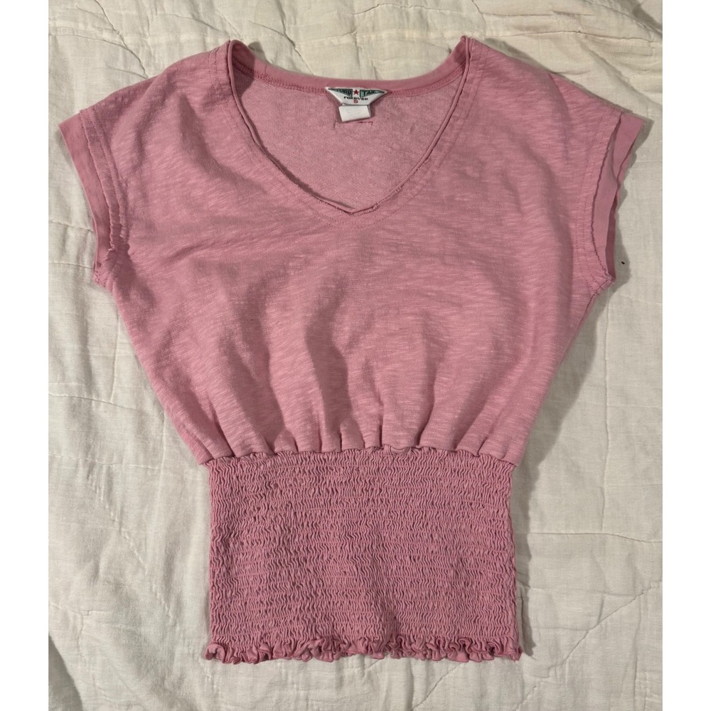 Hard Tail Forever Pink Smocked Waist V-Neck Slub Knit Top Small Cotton Trendy